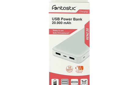 Power Bank Renz 20 20.000mAh, 2x USB-A & 1x Typ-C Ladezustandsanzeige, In & Output 5V / 2A, weiß