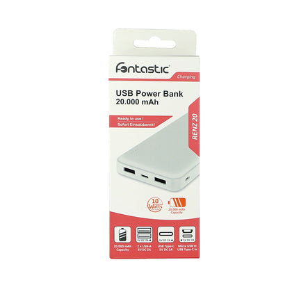 Power Bank Renz 20 20.000mAh, 2x USB-A & 1x Typ-C Ladezustandsanzeige, In & Output 5V / 2A, weiß