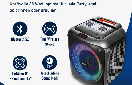 Drahtloser Party-Lautsprecher, 60W, Mikrofon & LED Karaoke, TWS, FM-Radio, USB & Kartenleser, schwarz