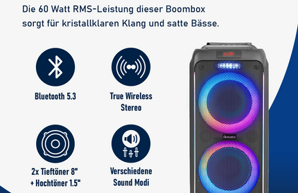 Fontastic ZEAL 600W: Kraftvoller Party-Lautsprecher mit LED-Lichtshow & Mikrofon | Bluetooth, TWS, EQ