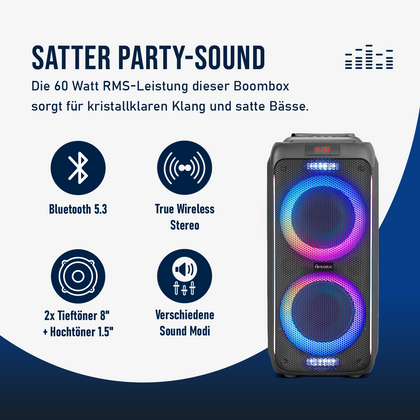 Wireless party speaker 60W, microphone & LED light Karaoke, TWS, FM radio, USB & card reader