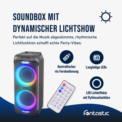 Fontastic ZEAL 600W: Kraftvoller Party-Lautsprecher mit LED-Lichtshow & Mikrofon | Bluetooth, TWS, EQ