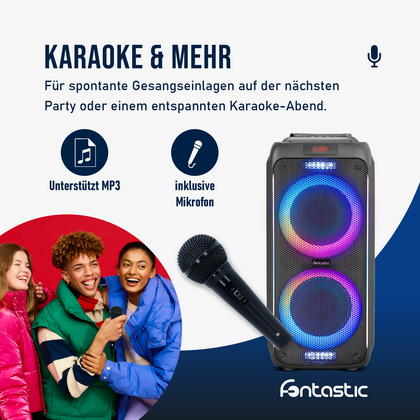 Wireless party speaker 60W, microphone & LED light Karaoke, TWS, FM radio, USB & card reader