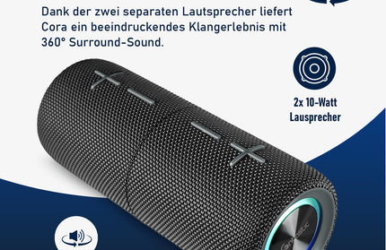 Cora TWS Bluetooth-Lautsprecher – 2-in-1, 20W Sound, starker Bass, LED, IPX5