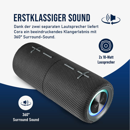 Cora TWS Bluetooth-Lautsprecher – 2-in-1, 20W Sound, starker Bass, LED, IPX5