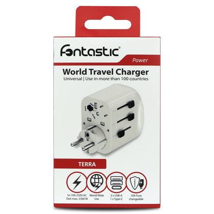 Fontastic Welt-Adapter „Terra“ US/UK/AUS/CN/EURO 10A Fuse, 250V/2300W, USB-A+C, Schukostecker ws