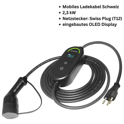 AC Portable EV Lader, "Take" 2.3kW, Schweiz 5m Typ 2 Kabel, Strom: 6/8/10A umschaltbar