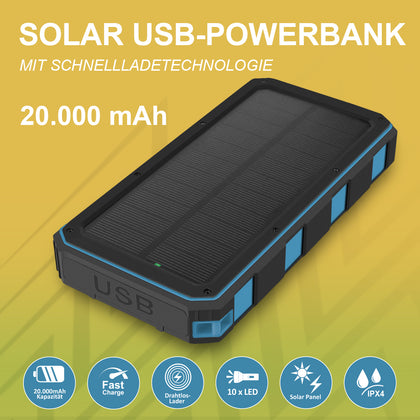 Solar Power Bank Xora20Q mit Wireless Charger sw 20000 mAh, FC, LED Licht, 2 x USB-A, 1 x Typ-C