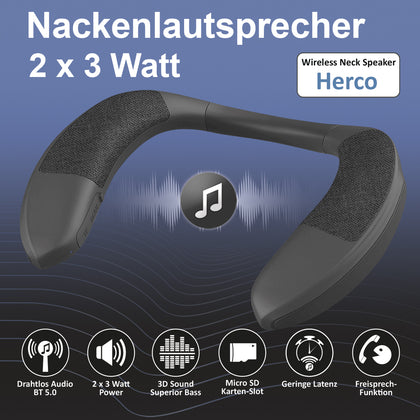 Drahtloser Nackenlautsprecher Herco 3D Stereoklang Leicht, Ergonomisch, Lange Akkulaufzeit, MicroSD